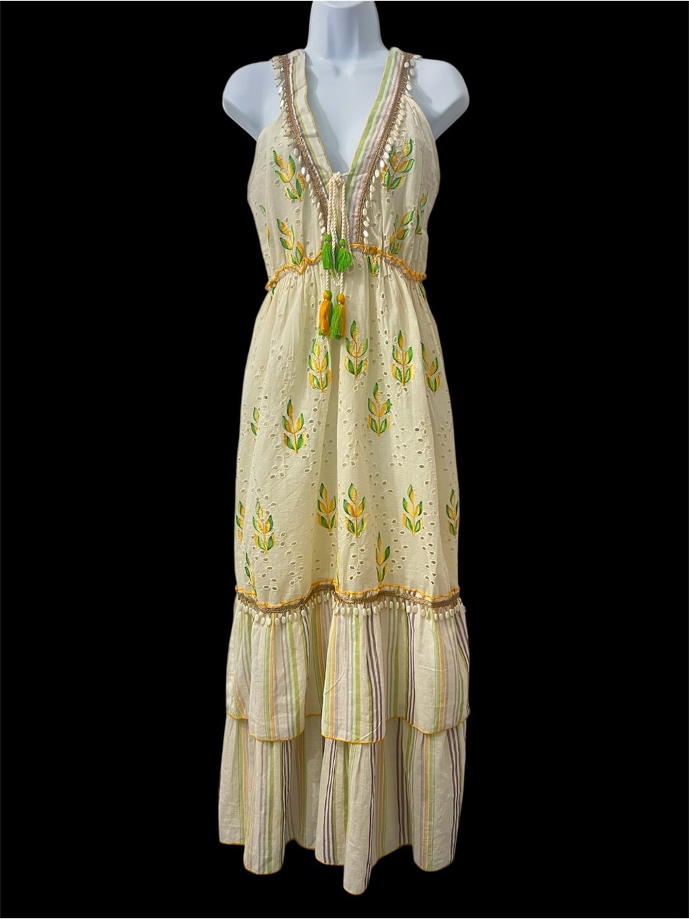 Women’s Cotton Halter Embroidered Beaded Maxi Dress Cottage Boho Festival S/M